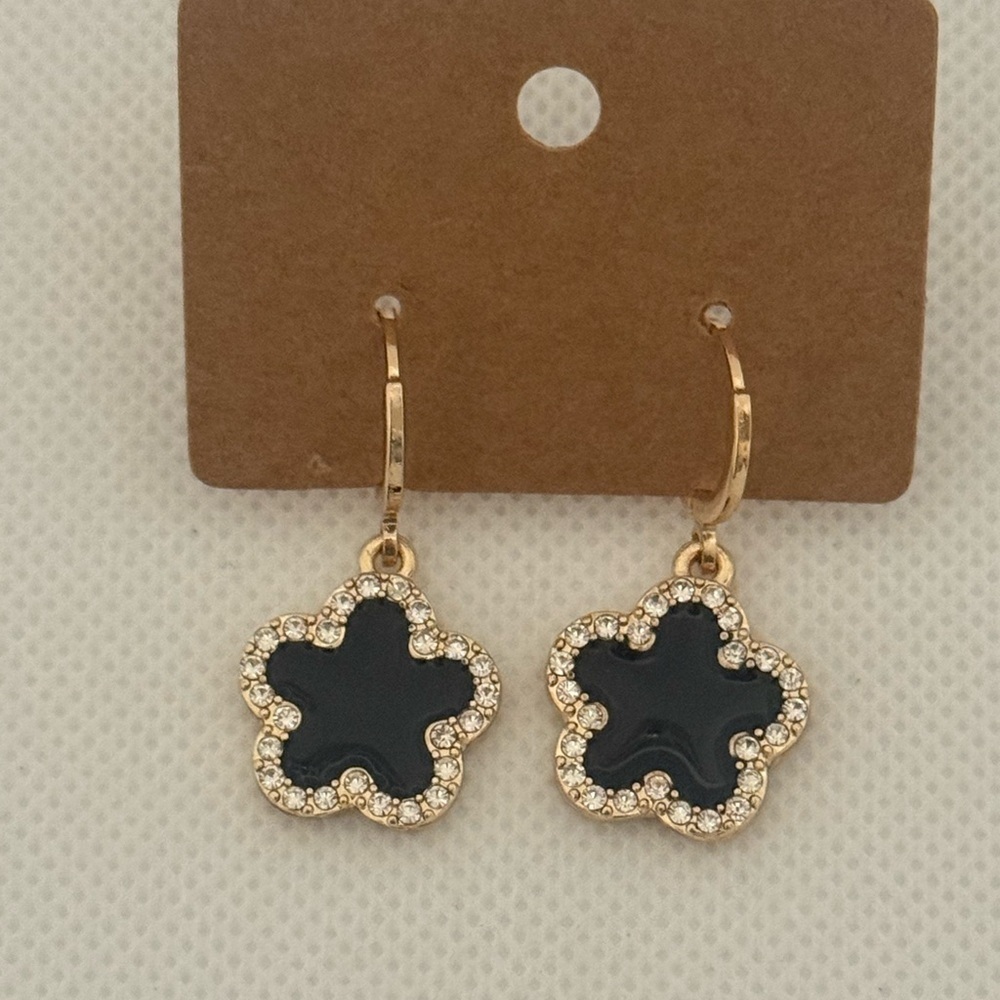 Gold & Black Flower Drop Earrings โ Elegant Dainty Sparkle โ NWT - Picture 3 of 4